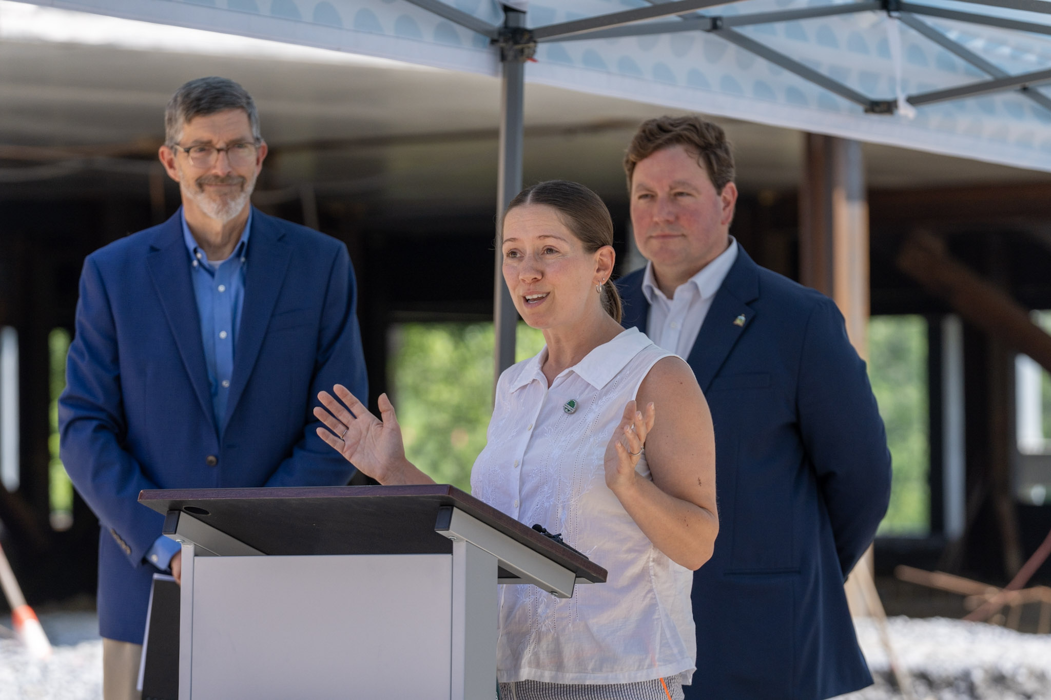 Mayor of Winooski Kristine Lott, with EastRise CEO John Dwyer and Treasurer Mike Pieciak, at the ceremonial groundbreaking for the 115-room Sugar House Hotel in June.