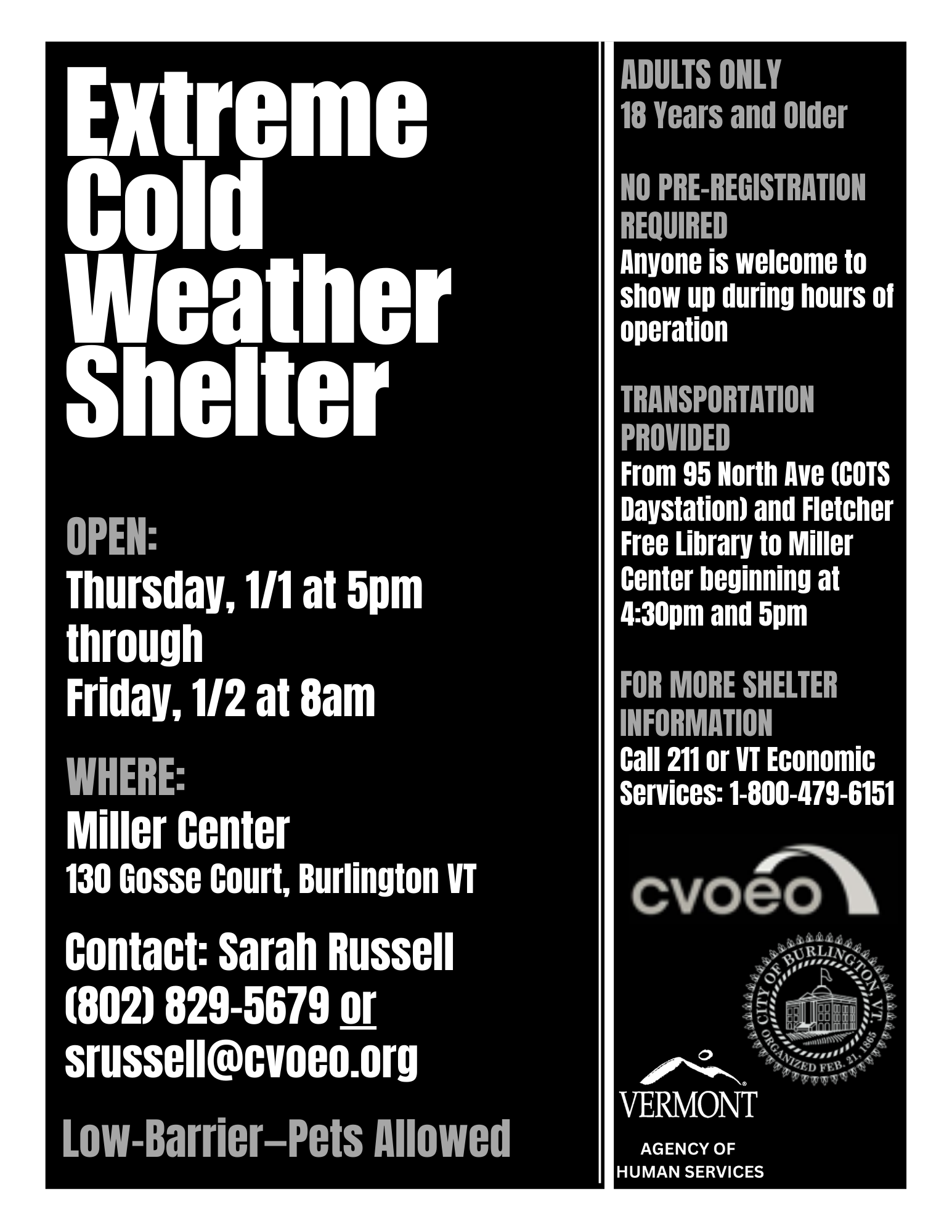 Burlington opens extreme cold weather shelter on New Year's Day