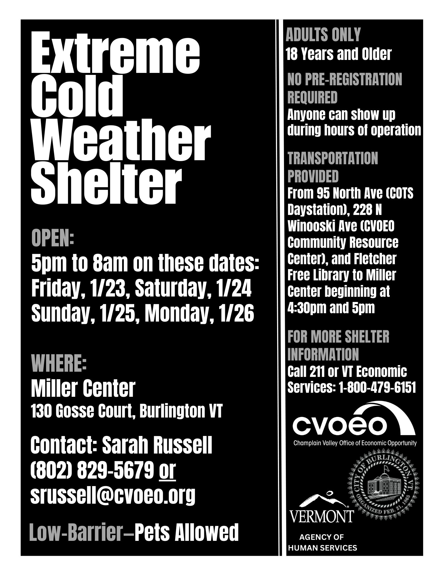 Burlington will open extreme cold weather shelter January 23-27