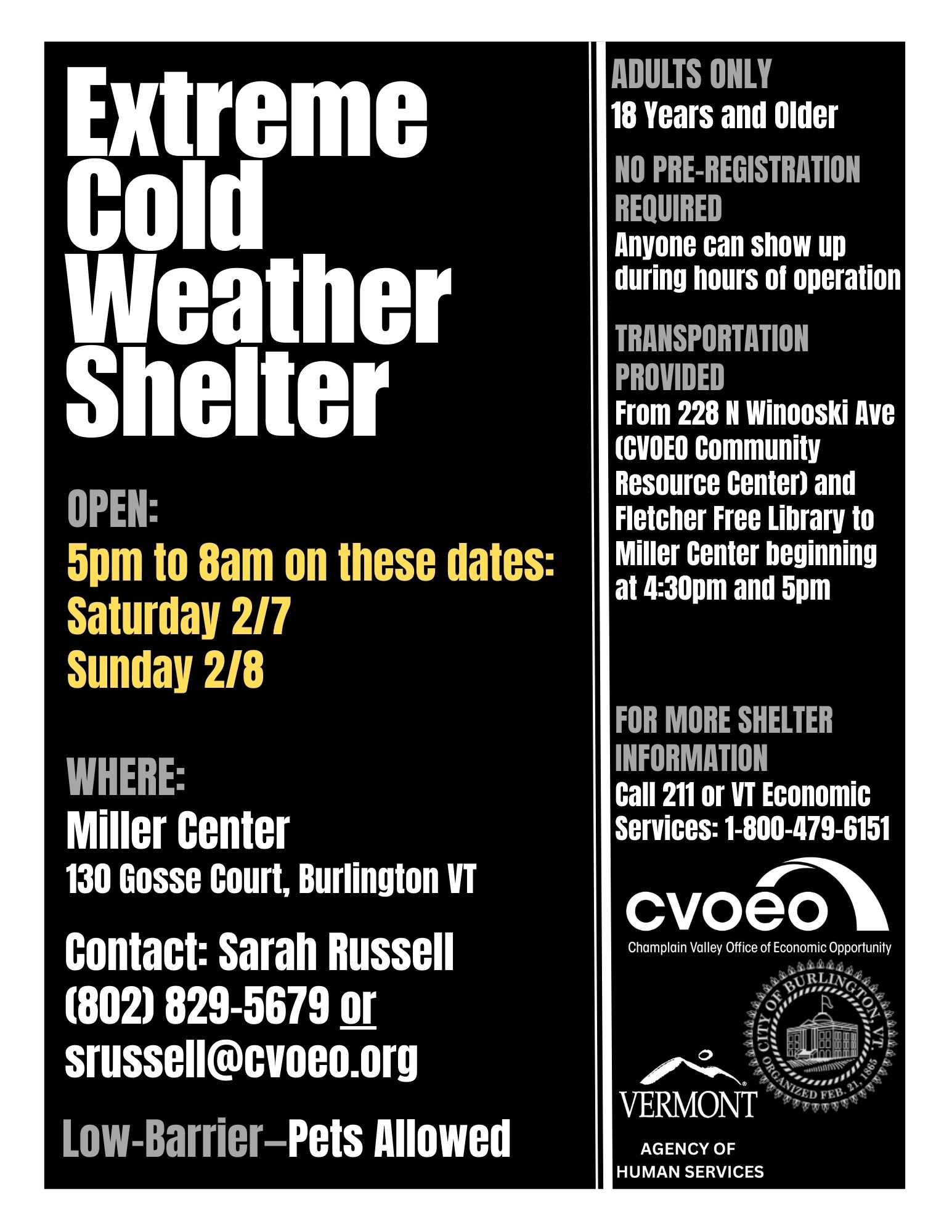 Burlington will open Extreme&nbsp;Cold Weather Shelter&nbsp;on&nbsp;February&nbsp;7-8
