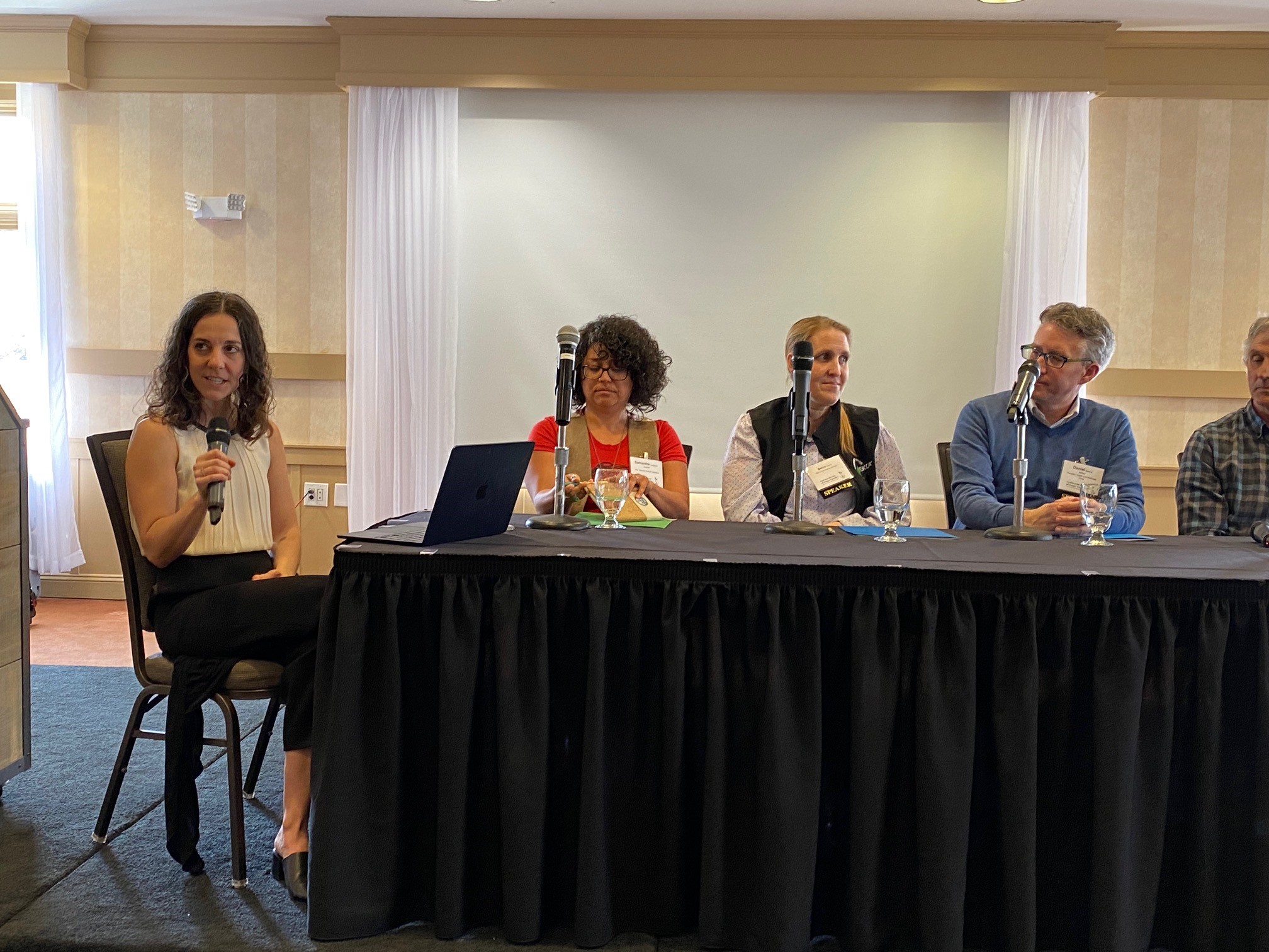 Plenary panelists (from left to right) Mikaela Lefrak, panel host, Samantha Langevin, Becca Lewis, Dan Barlow, and Rob Meehan.