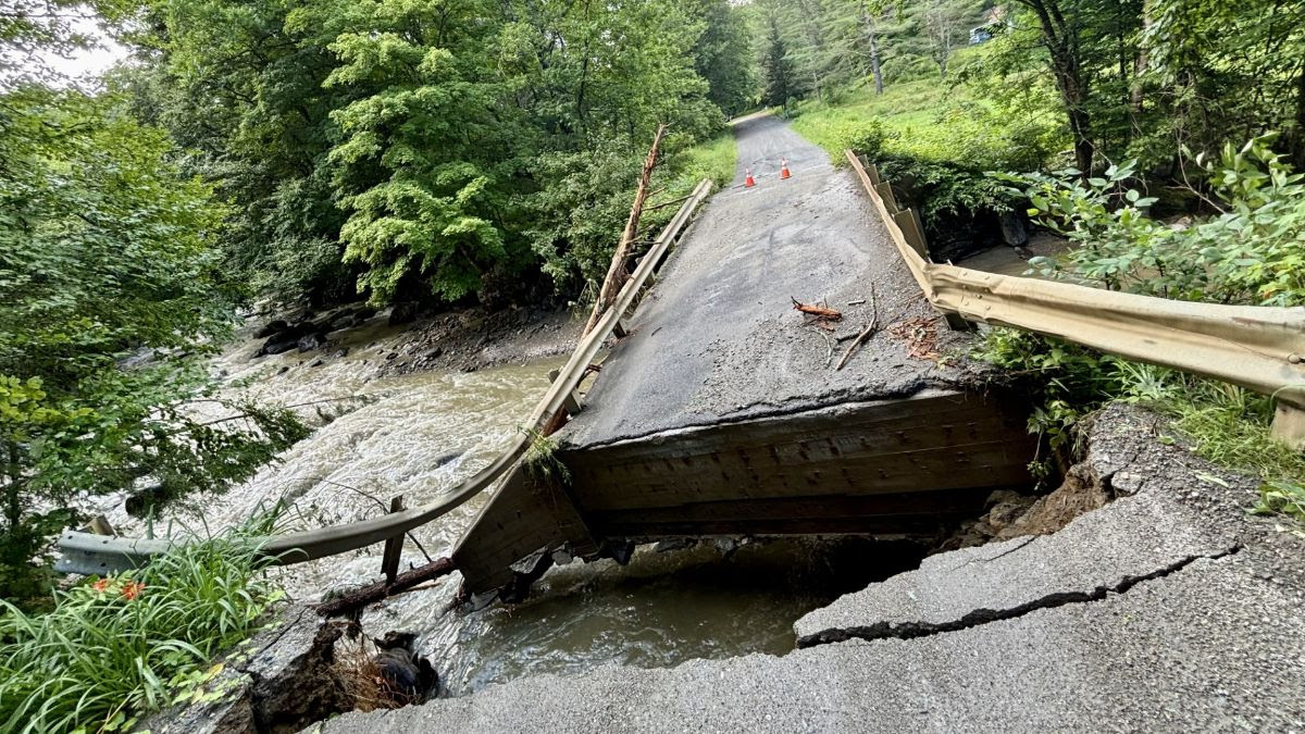 Flood-damaged bridge in Fayston. State of Vermont