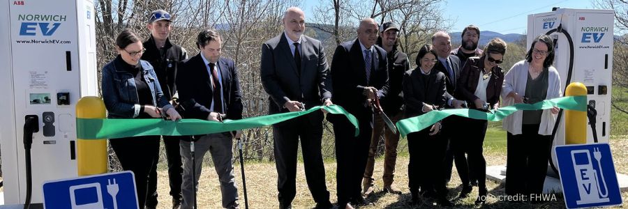 Ribbon cutting at Vermont’s first, and the nation’s sixth, NEVI station in Bradford in April 2024.
