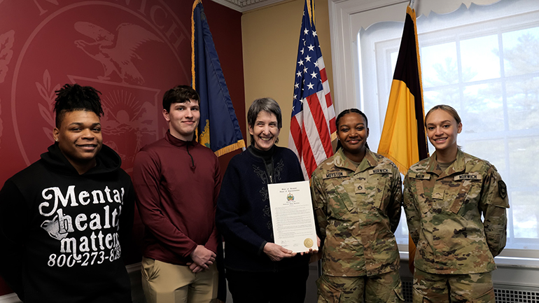 Anne Donahue with Norwich students: (L-R) Imari Milton, William Kolb, Representative Anne Donahue, Cadet Kimeisha Moyston, Cadet Leslie Malin