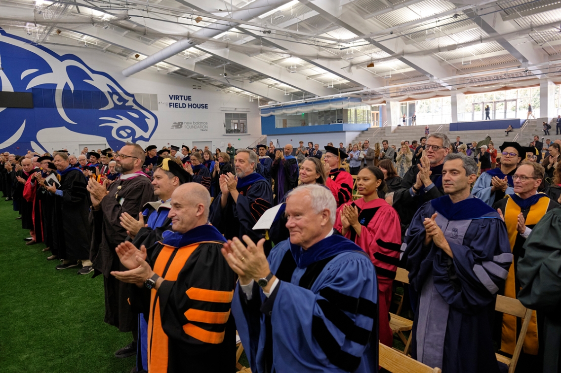 Middlebury faculty applaud for President Ian Baucom during his inauguration on November&nbsp;2. (Credit: Brett Simison )