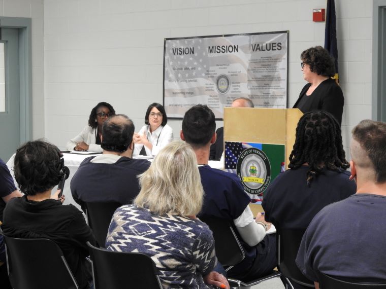 US Rep Becca Balint takes a question Department of Corrections political forum in Springfield Friday. 