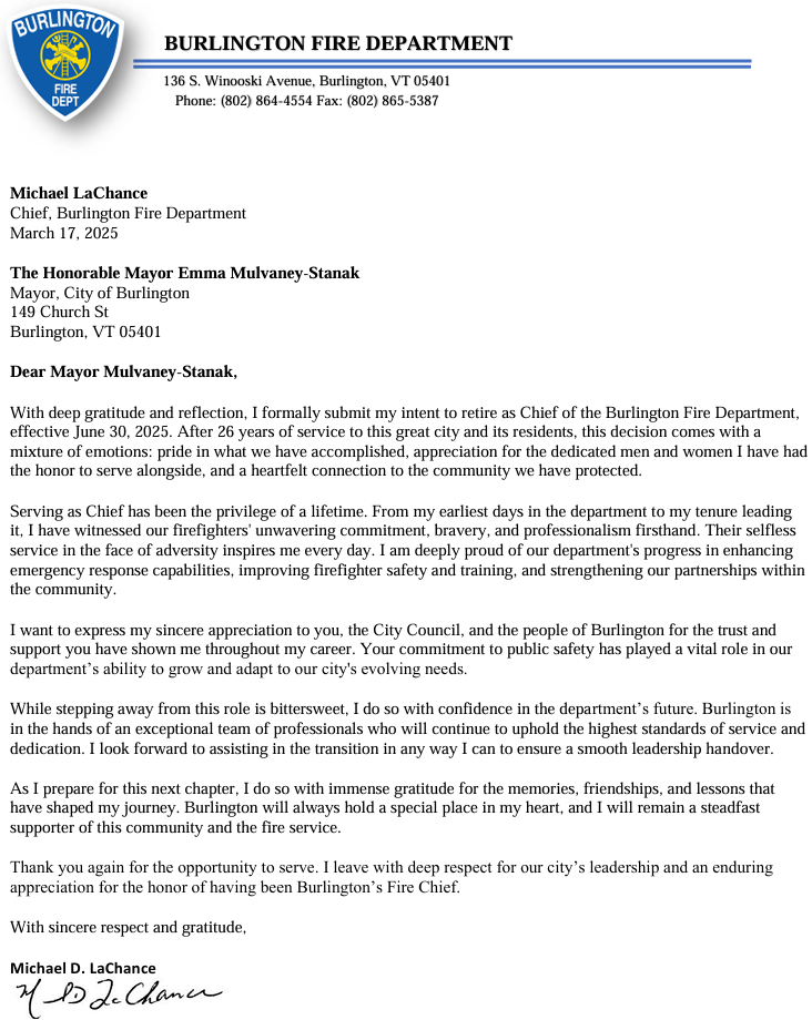 Burlington Fire Chief Michael LaChance to retire effective June 30