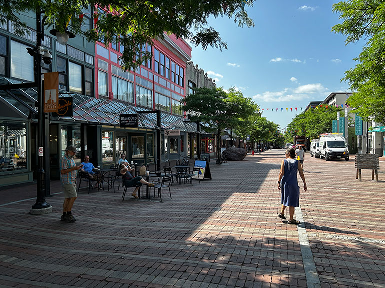 Photo: In a bid to attract its neighbors to the north, Burlington has renamed Church Street to Rue Canada through Labor Day weekend. VermontBiz photo.