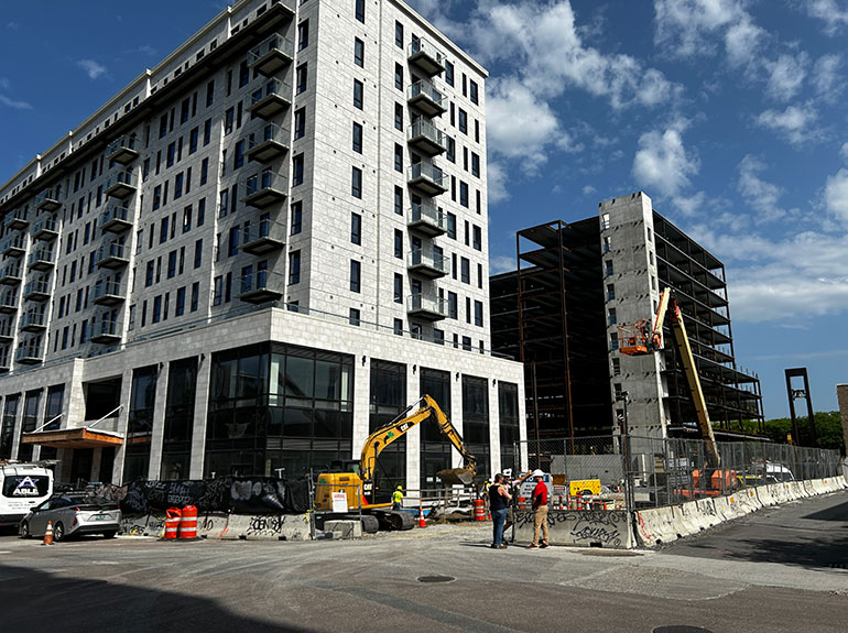 Photo: The North and South towers at Burlington Square, formerly known as CityPlace, take shape. The development is expected to open in 2027. VermontBiz photo.