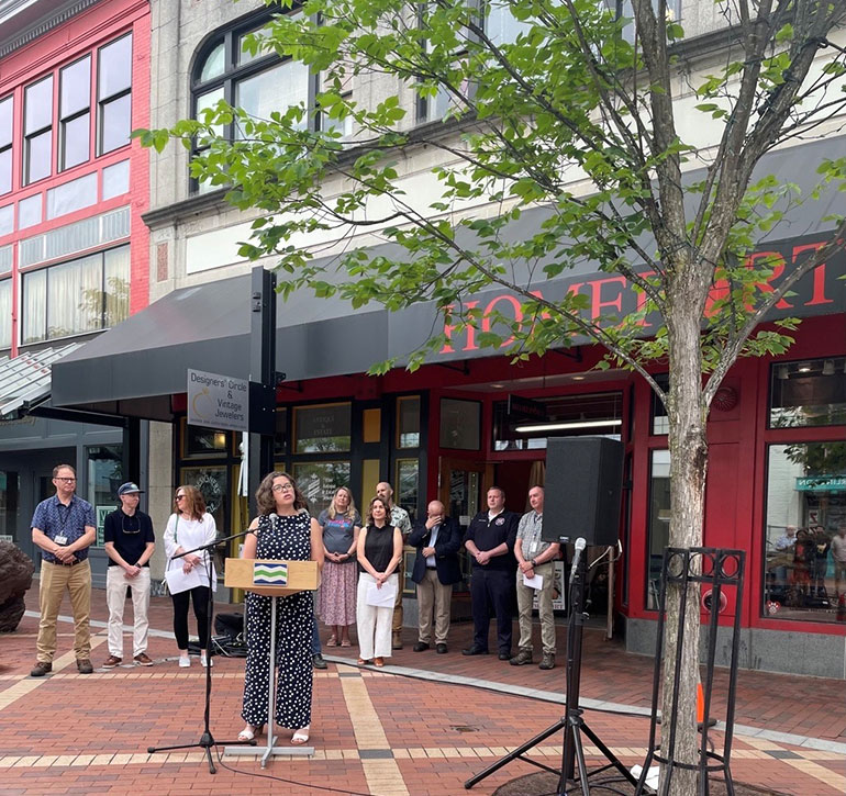 Photo: " Burlington is Back", Mayor Emma Mulvaney-Stanak on Church Street. VermontBiz photo