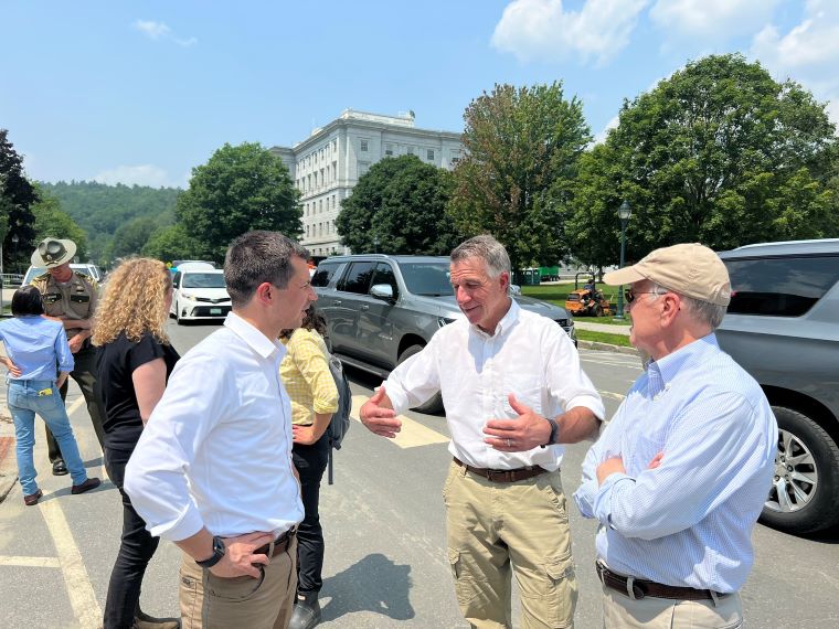 Montpelier Flood July 2023, Buttigieg, Scottt, Welch.
