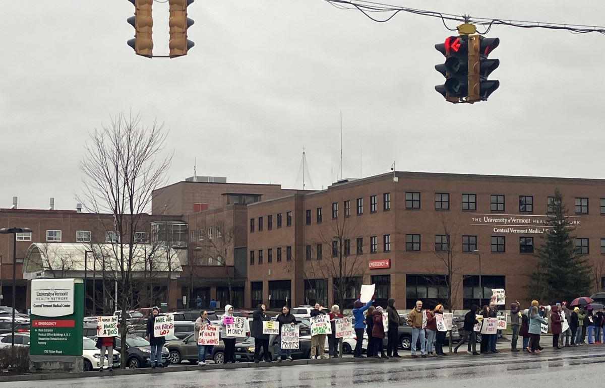 Protests outside CVMC in Berlin Thursday. AFT Vermont photo.