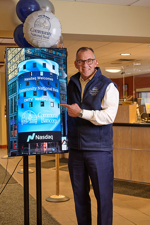 Photo: Chris Caldwell, CEO of Communtiy National Bank celebrating the bank's 175-year  anniversary and their approval for lising on Nasdaq. Photo: StoryWorkz/Paul Richardson.