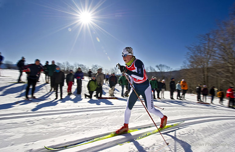 Photo: Prevot competes in a Nordic skiing competition for Middlebury College. Photo courtesy of Skida.