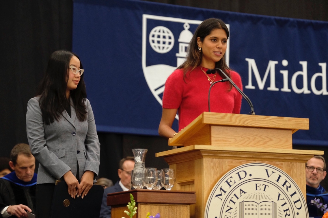 Students Sarina Chitkara ’25.5 (at lectern) and Anina Kim Dentel-Pham ’27 offered reflections during the&nbsp;inauguration. (Credit: Brett Simison )