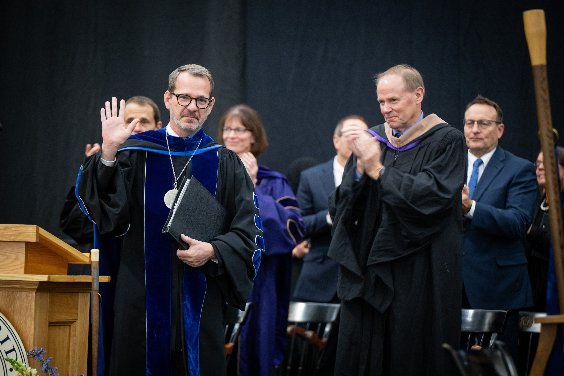 Middlebury President Ian B. Baucom was inaugurated on Sunday, November 2, at Virtue Field&nbsp;House. (Credit: Andy Duback)
