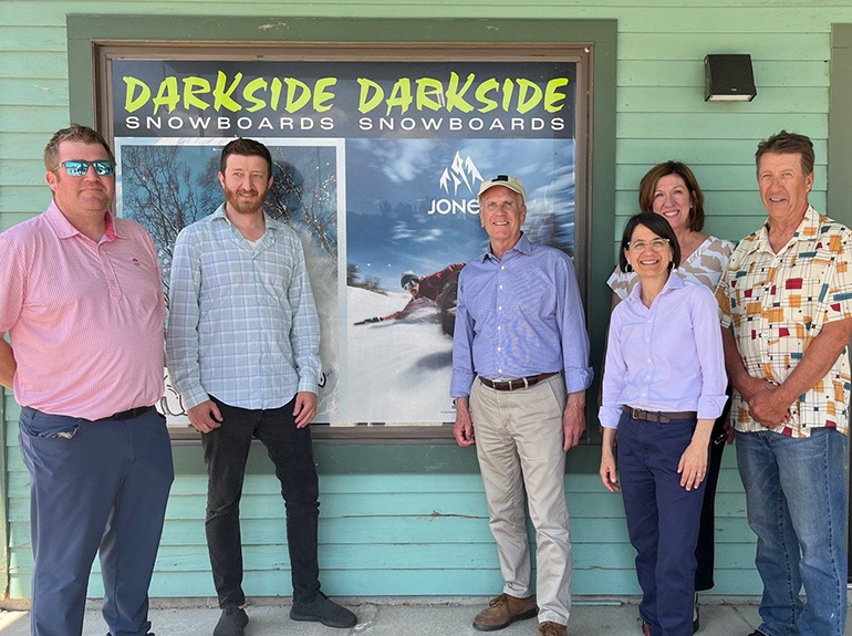 Photo: Sen. Welch and Rep. Balint visit Darkside Snowboards, which was flooded in the July 2023 floods. Courtesy photo.