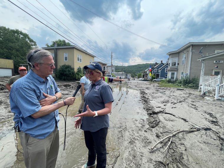 Former FEMA Director Deanne Criswell with Bob Kinzel of VPR on July 12, 2023, in Barre.