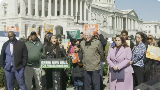 On Thursday at the Capitol in Washington, DC, Rep. Ocasio-Cortez and Senator Sanders reintroduced the Green New Deal for Public Housing Act.