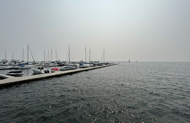 Smoke from Canada in 2023 over Lake Champlain on a clear day