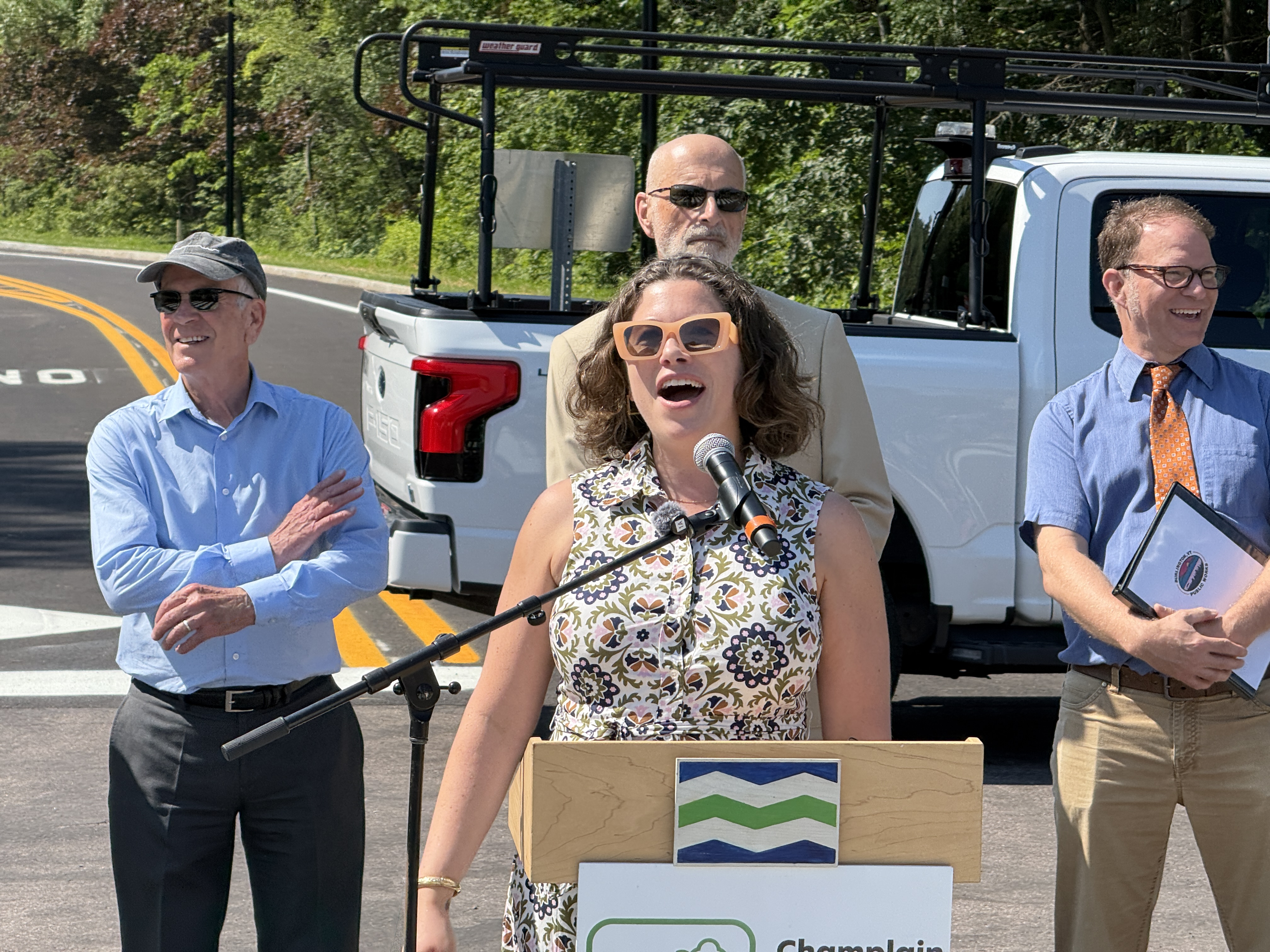 Burlington Mayor Emma Mulvaney-Stanak, from left, US Senator Peter Welch, Transportation Secretary Joe Flynn and Burlington Public Works Director Chapin Spencer.