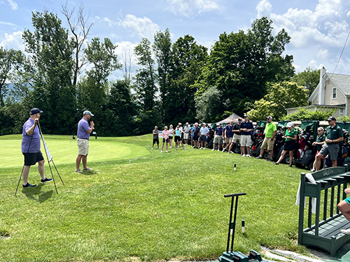Photo: The Southwestern Vermont Chamber's Matt Harrington and Manchester Business Association's John Burnham address the over 60 players at the 2024 B2B Classic. Courtesy photo.
