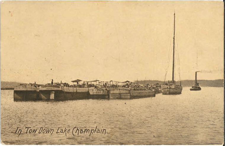 In Tow Down Lake Champlain, Postcard 340, circa 1900. Lake Champlain Maritime Museum Collection.