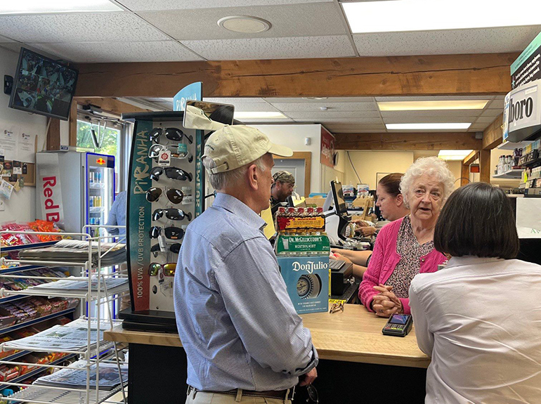 Photo: Sen. Welch and Rep. Balint at Jelleys Deli in Londonderry, which was hit by the July 2023 floods. Courtesy photo.