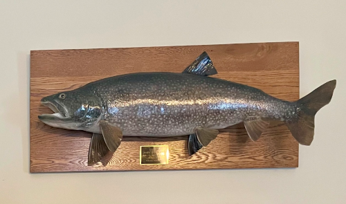 Lieutenant Governor John Rodgers. Proudly displayed in his new office is an impressive 11.4-pound lake trout 