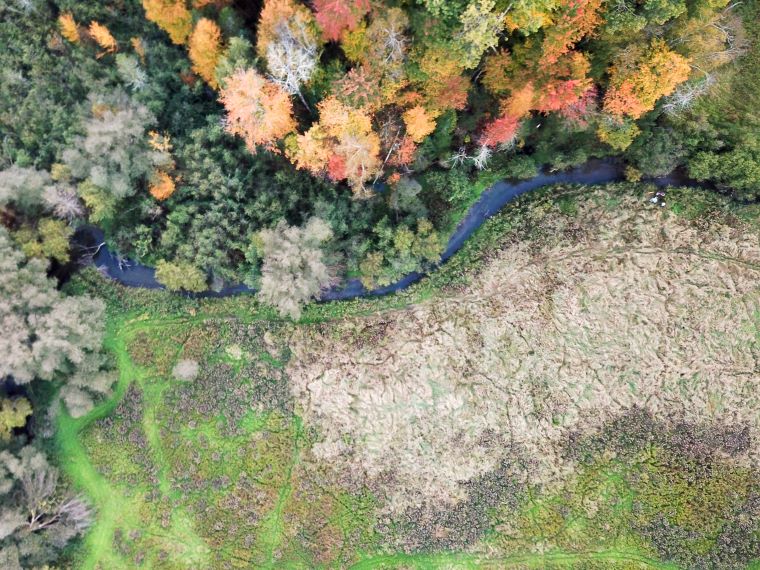 A bird’s eye view of the Johns River where it runs through newly acquired floodplains along Beebe Road in Derby