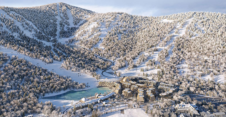 Photos: Artist renderings of Live Killington Village. Top photo, an aerial view of the development. Below, the pool at Killington resort. Renderings Courtesy Great Gulf.