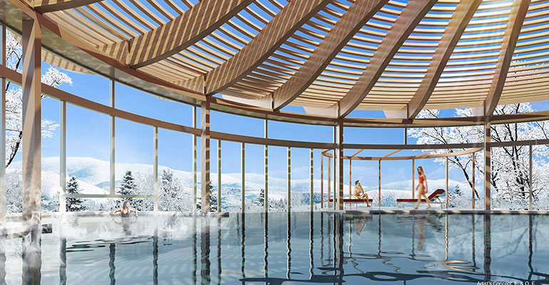Photos: Artist renderings of Live Killington Village. Top photo, an aerial view of the development. Below, the pool at Killington resort. Renderings Courtesy Great Gulf.