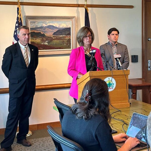 Photo: At a September press conference, Gov. Scott listens as Secretary of Commerce and Community Development Lindsay Kurrle discusses the housing situation in Vermont. ACCD photo.