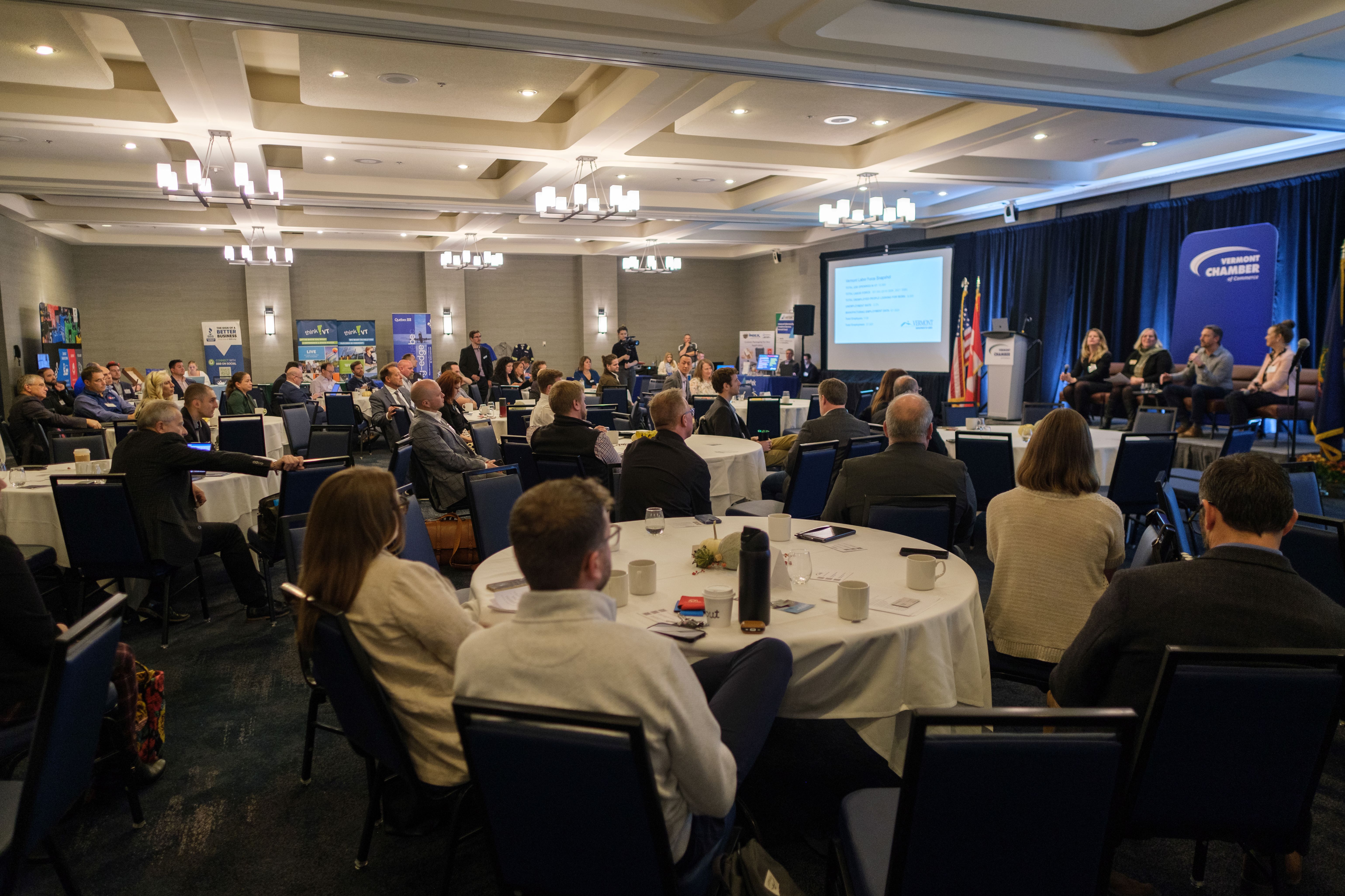 Attendees listen to a session at the Vermont Chamber’s Manufacturing Summit.