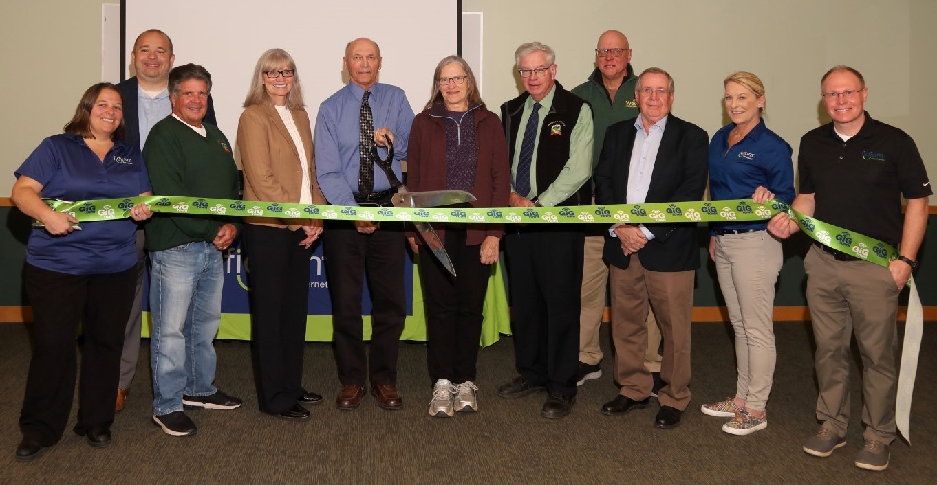 Otter Creek Communications Union District cuts the ceremonial ribbon to celebrate becoming an official Gig Community during a ceremony in Castleton on Tuesday, October 29. The CUD partnered with Fidium Fiber to expand multi-gig speed broadband to more than 6,900 homes and businesses in the Rutland region. 