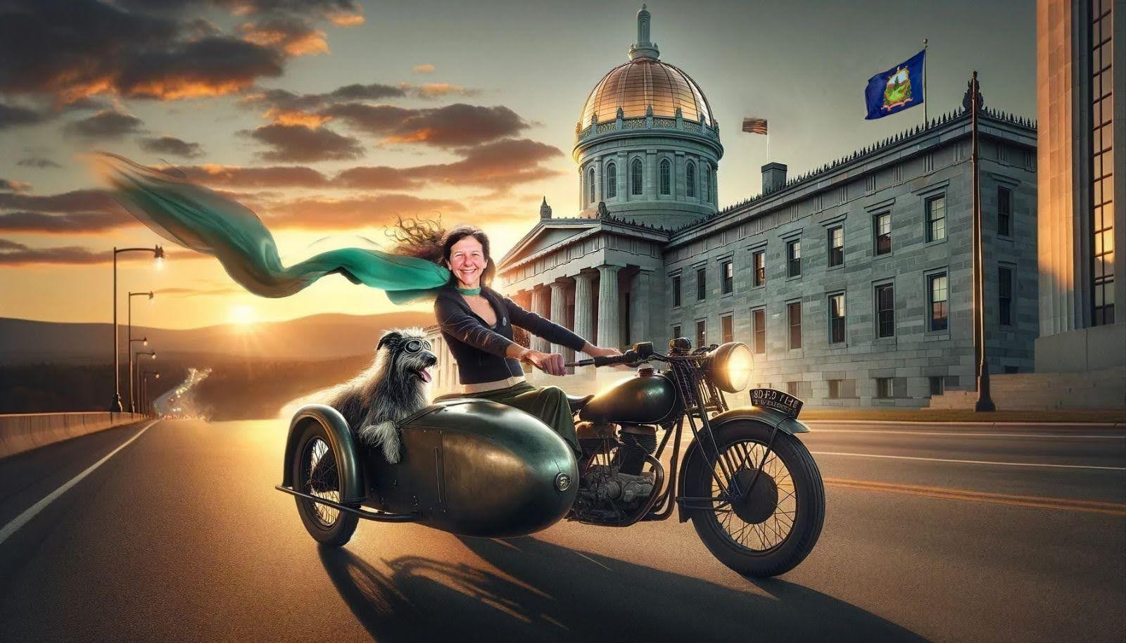 AI illustration of Julie and her sidecar-riding sidekick Mookie (a pitbull poodle mix) up with the sun and fighting for anti-poverty tax credits.