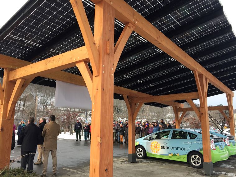 Governor Phil Scott joined in the presentation of a solar canopy installed by SunCommon in 2017.