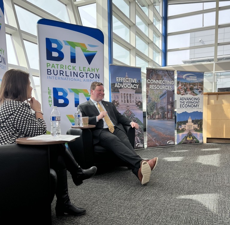 Treasurer Mike Pieciak connected with Vermont business leaders at the Patrick Leahy Burlington International Airport for the latest installment of the Wellspring Forum Series.
