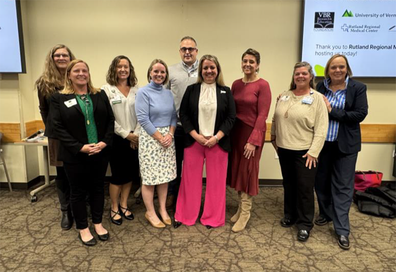 Photo: Vermont Nurse Leaders, Amy Visser-Lynch, Mt Ascutney Hospital; Sarah Billings-Berg, VA Medical Center of White River Junction; Jillian Baker and Betsy Hassan, UVM Medical Center; Jerry Baake, UVM Health, Amy Martone, Vermont ANA; Kristin Baker, UVM Medical Center; Kelly Campbell, Northwestern Medical Center; with Mary Anne Sheahan, VBR Research and Education Foundation. Photo Cred: Shannon Mitchell.