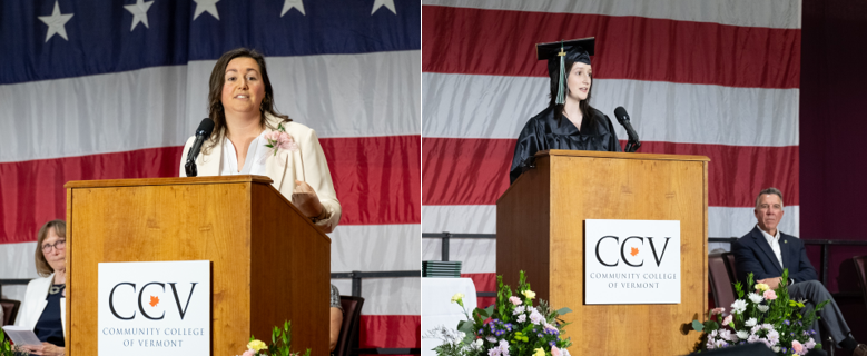 Aly Richards delivers the keynote address; CCV student speaker Caitlin McGinley addresses her classmates; Governor Scott address the class of 2024; graduates process to Shapiro Field House.