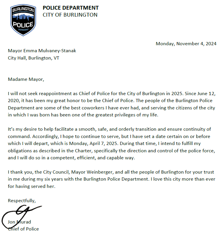 Burlington Police Chief Jon Murad will not seek reappointment in June 2025