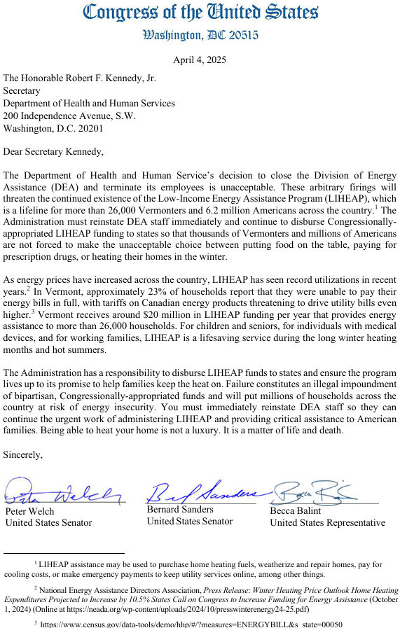 Vermont Delegation Calls on HHS to Reinstate Fired Workers and Protect Low-Income Energy Assistance Program (LIHEAP)&nbsp;