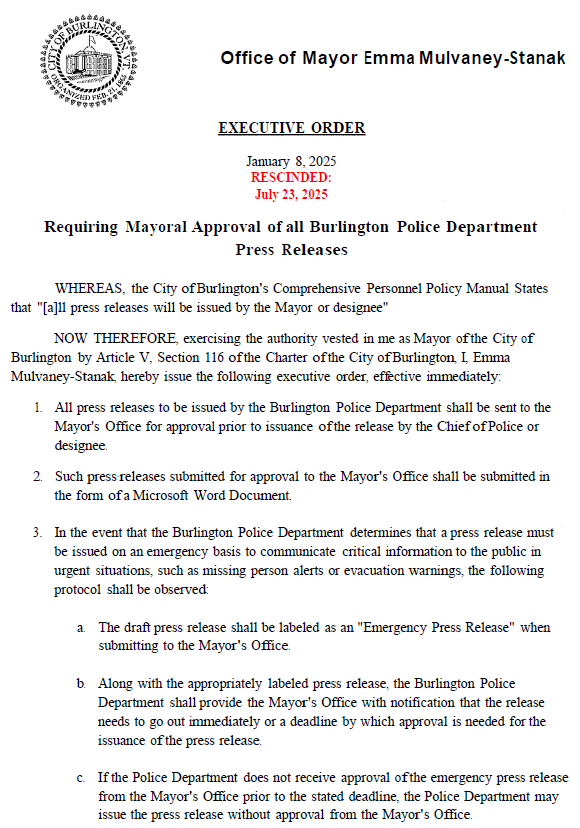 BTV mayor rescinds Executive Order regarding Police Department press releases
