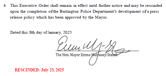 BTV mayor rescinds Executive Order regarding Police Department press releases