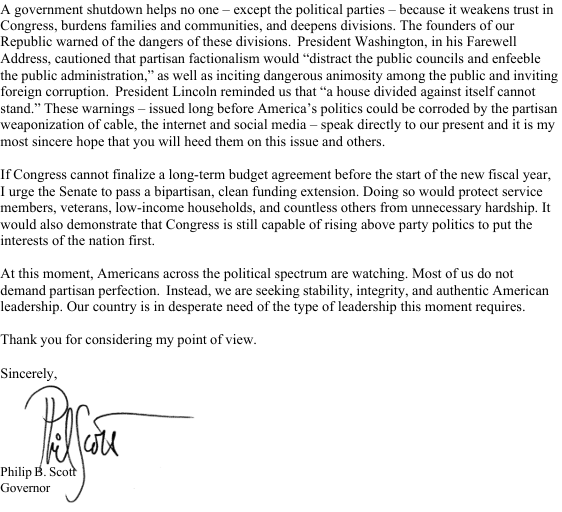 Governor Scott urges US Senate to avoid government shutdown