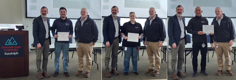 Vermont State University photo of, from left, Jackson Pierson, Amanda Merrill and Benjamin McCoy receiving their certifications.
