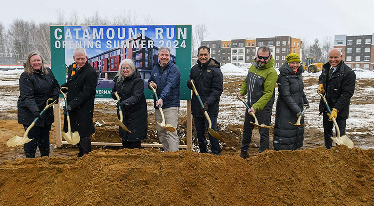Photo: Ground is broken in March 2023 for a UVM housing project in South Burlington’s City Center. An adjacent complex is being completed for the UVM Medical Center. These projects are intended to provide housing, thereby aiding in the recruitment and retention of workers. UVM photo.