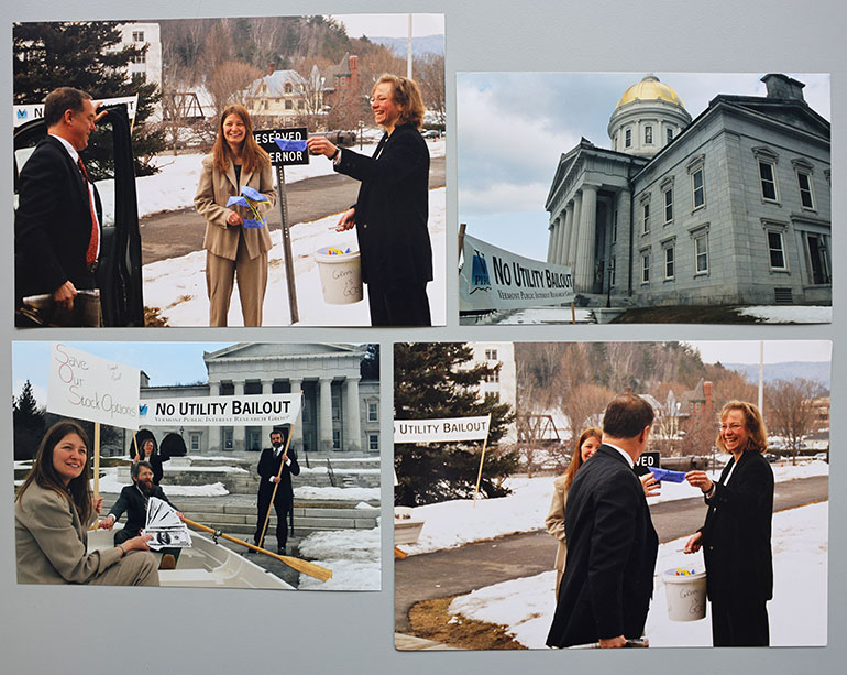 Photo: Images from two of VPIRG’s well-known campaigns. The photographs from VPIRG's "no utility bailout" campaign depict protesters at the Vermont State House supporting the Vermont Public Interest Research Group's 2012 effort to prevent state regulators from allowing utilities to charge ratepayers to recover bailout money. The campaign's success led to a law requiring utilities to return any bailout funds to ratepayers without increasing rates to cover the repayment. Also pictured, a renewable energy brochure. Courtesy photos.