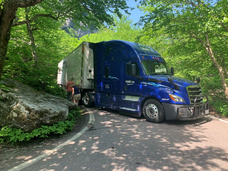 Vermont State Police photo from June 2021with a tractor trailer stuck in the Notch.