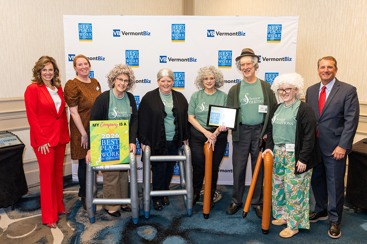 Photo: Senior Solutions accepts their 2026 Best Place to Work in Vermont award. Photo: Andrew Cate Photogaphy.